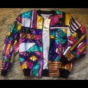 NWT Bomber style Sequin jacket with vibrant colors by Panache Chicago, Size 1X.